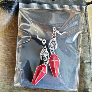 Silver and Red Coffin Earrings With Bat